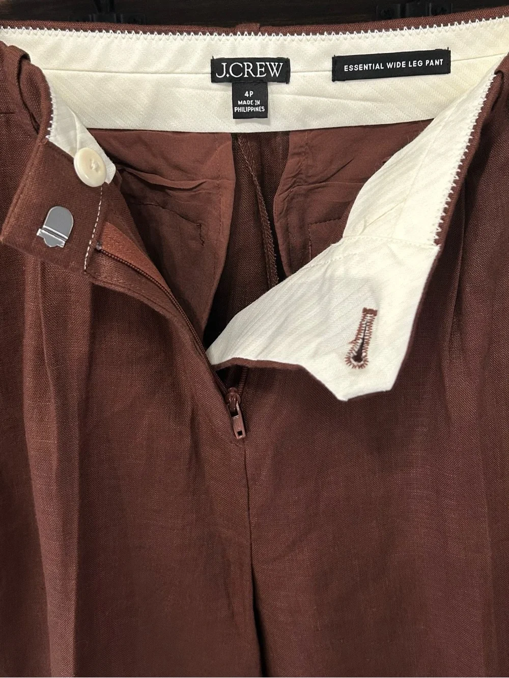 100% Linen J.Crew Essential Wide Leg Mid Rise Pant Roasted Cocoa Cognac Brown